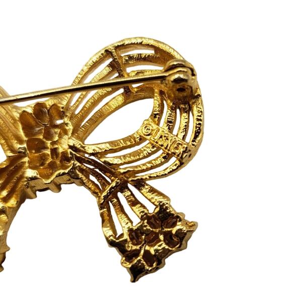 Lisner Gold Bow Brooch Magenta Pink Rhinestone Ribbon Pin Vintage Signed - Picture 4 of 5